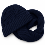 Kit touca gorro sem pompom e cachecol gola de tricô canelado azul marinho
