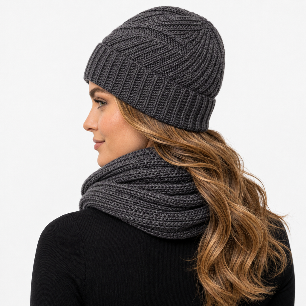 Kit touca e cachecol gola de tricô cinza visto de lado na modelo, gorro sem pompom inverno