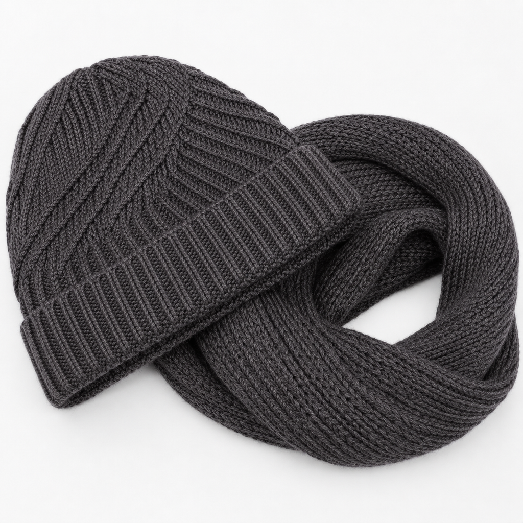 Kit touca gorro sem pompom e cachecol gola infinito de tricô canelado cinza
