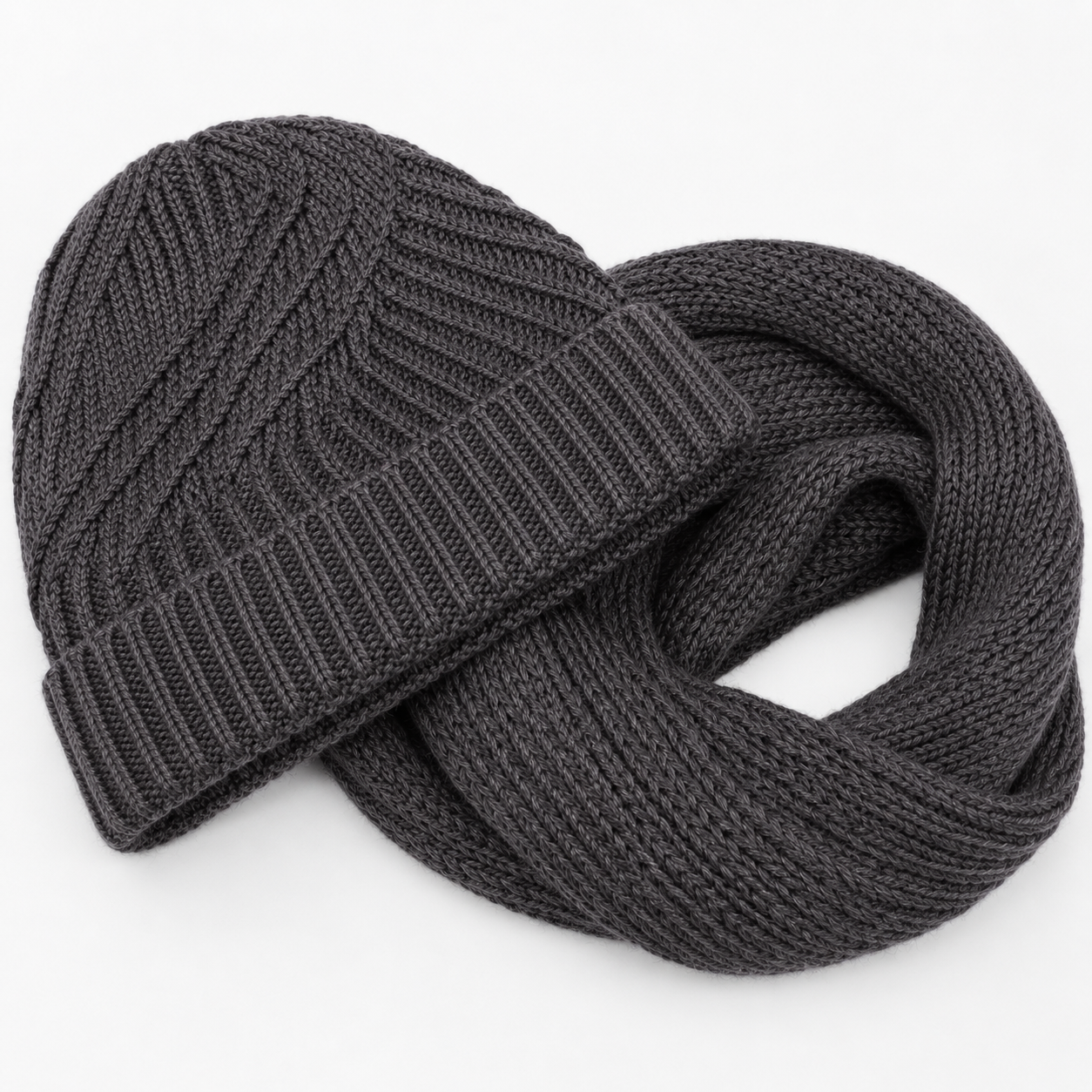 Kit touca gorro sem pompom e cachecol gola infinito de tricô canelado cinza