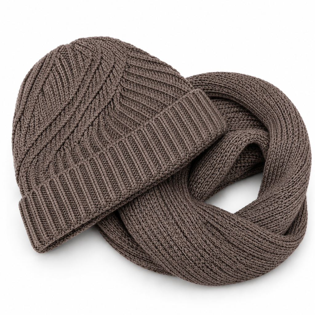 Kit touca gorro sem pompom e cachecol gola de tricô canelado marrom