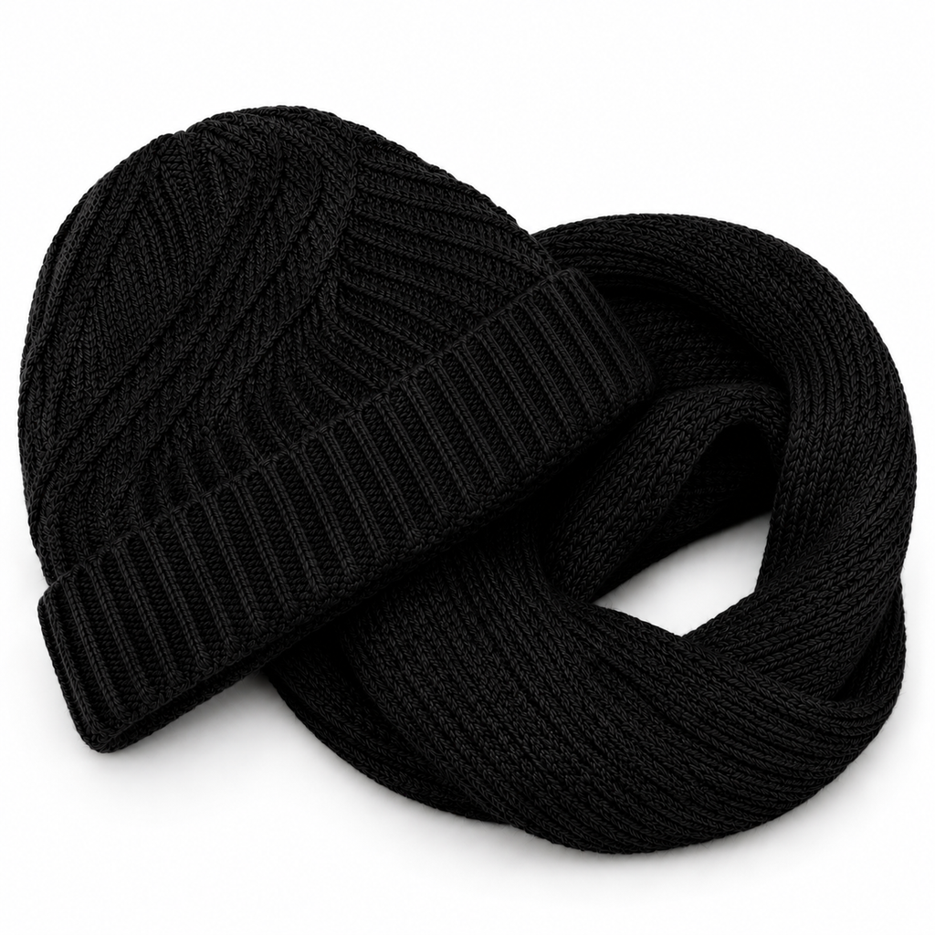 Kit touca gorro sem pompom e cachecol gola de tricô canelado preto