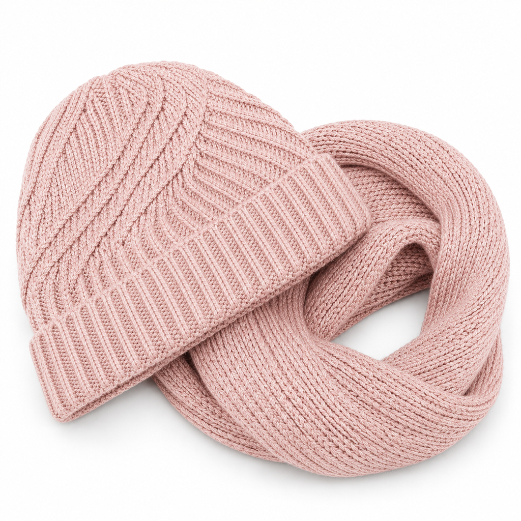 Kit touca gorro sem pompom e cachecol gola de tricô canelado rosa