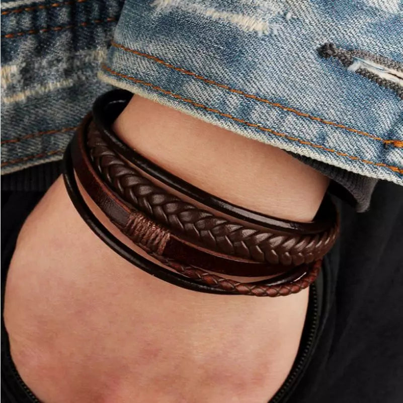 Pulseira Masculina Bracelete de Couro Genuino Com Fecho de Aço