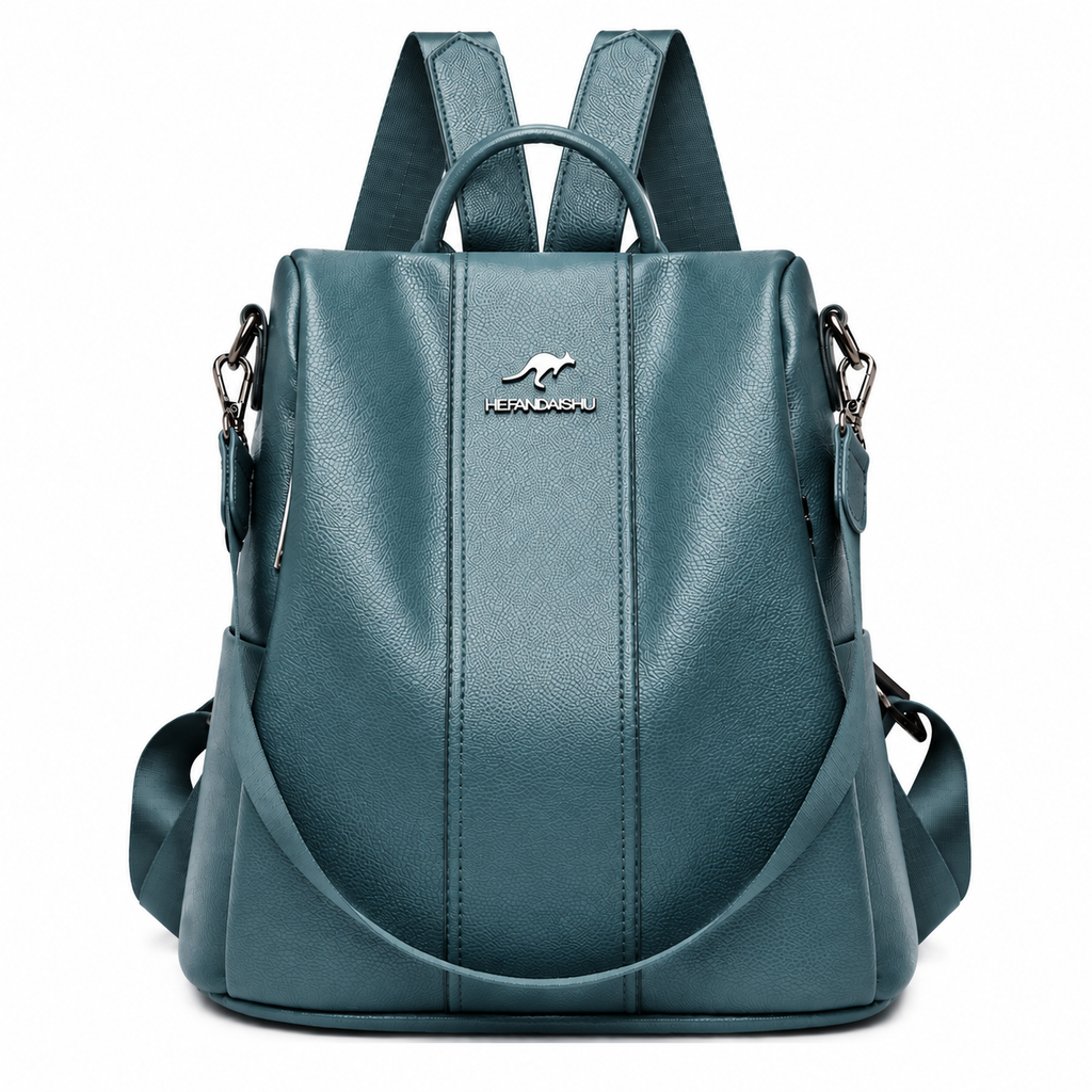 Mochila antifurto feminina azul petróleo de couro sintético vista de frente
