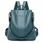 Mochila antifurto feminina azul petróleo de couro sintético vista de frente