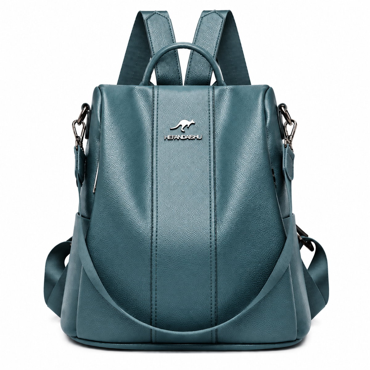 Mochila antifurto feminina azul petróleo de couro sintético vista de frente