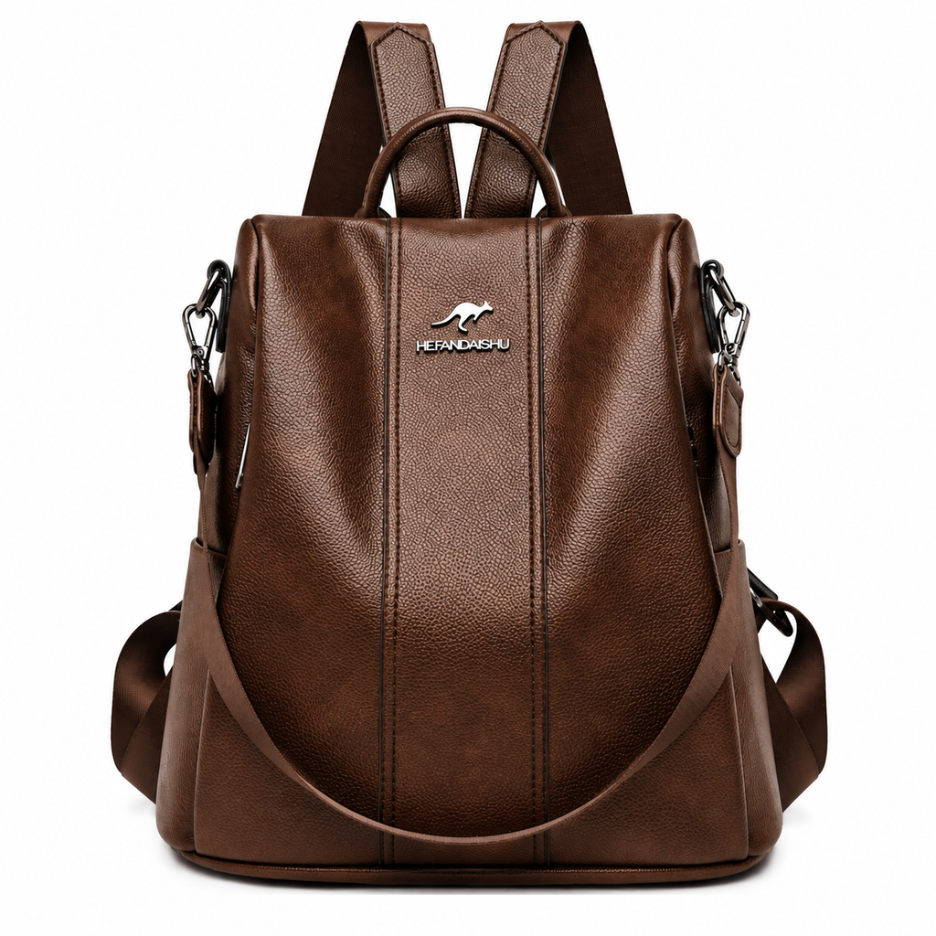 Mochila antifurto feminina marrom de couro sintético vista de frente
