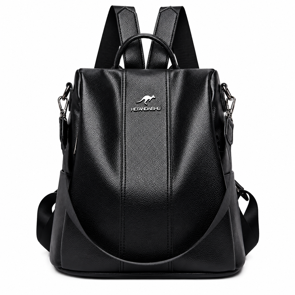 Mochila antifurto feminina preta de couro sintético vista de frente