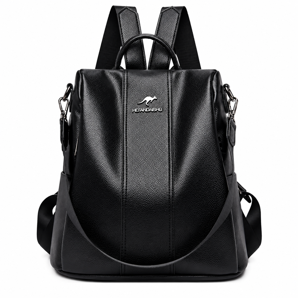 Mochila antifurto feminina preta de couro sintético vista de frente