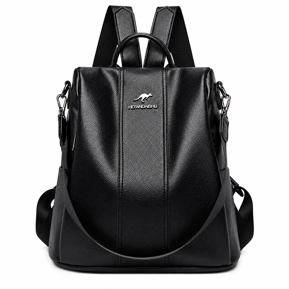 Mochila antifurto feminina preta de couro sintético vista de frente