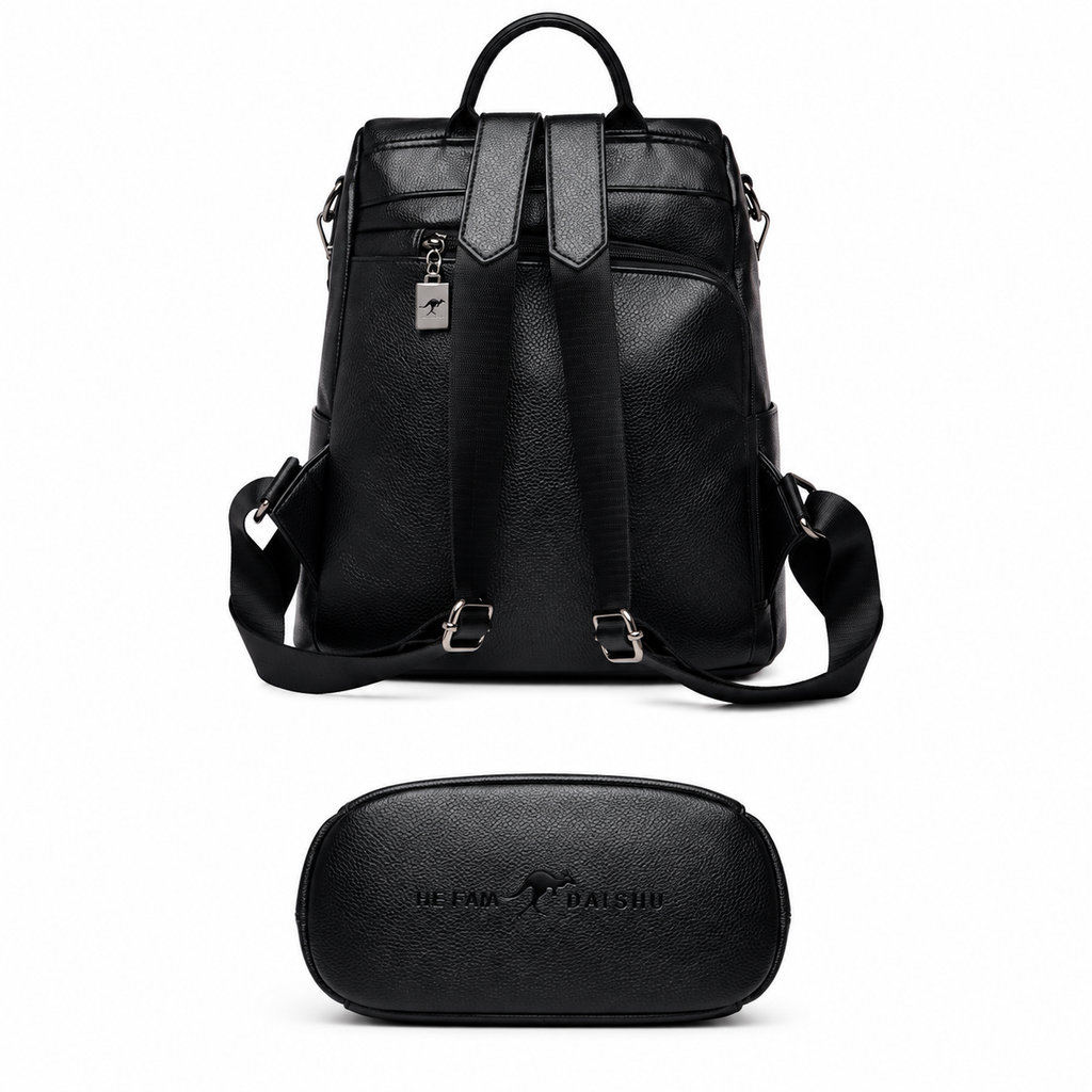 Costas da mochila antifurto preta com alças reguláveis e a base vista de cima