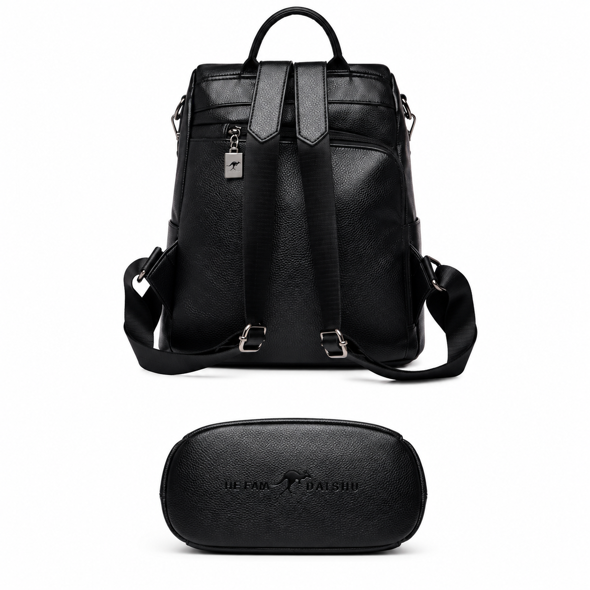 Costas da mochila antifurto preta com alças reguláveis e a base vista de cima