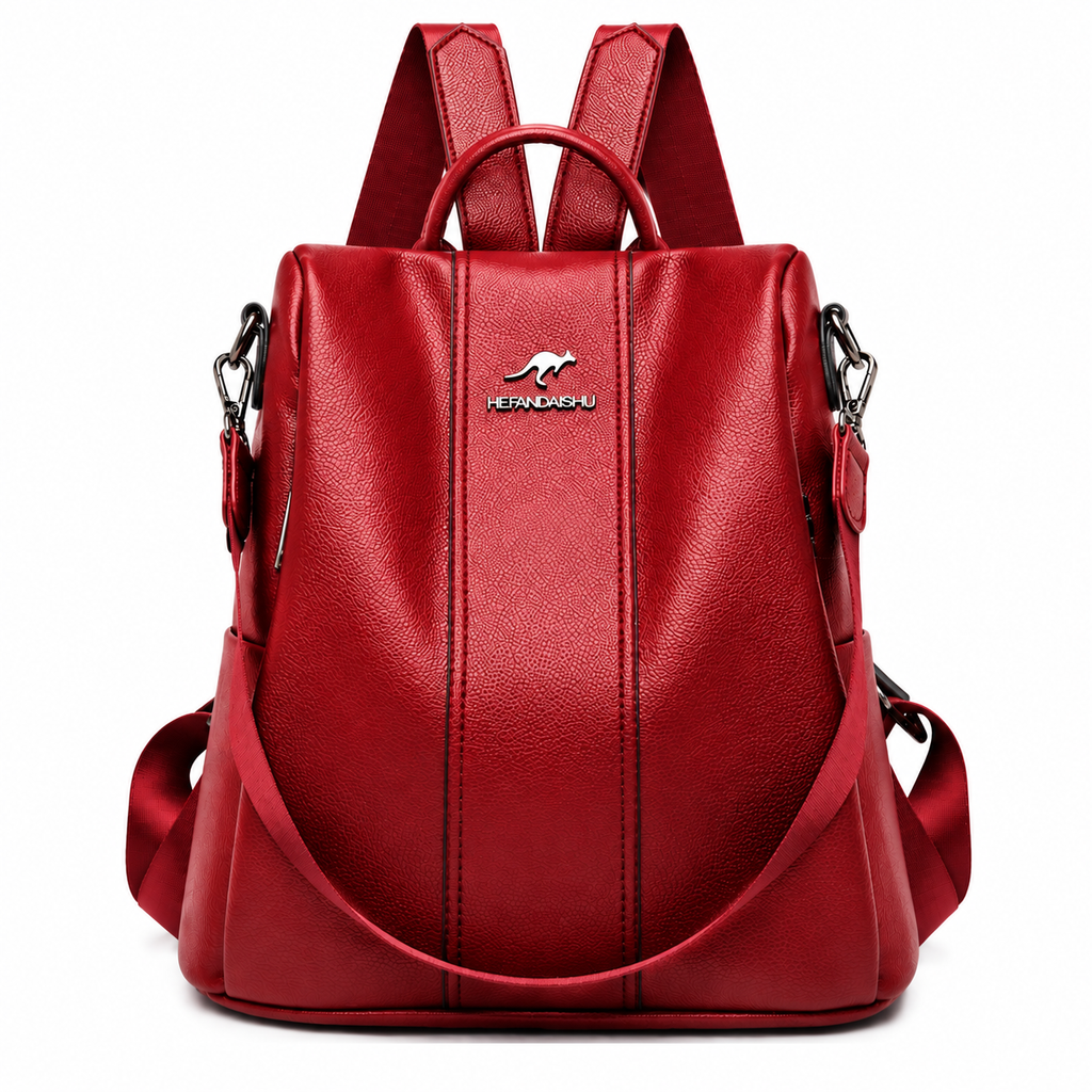 Mochila antifurto feminina vermelha de couro sintético vista de frente