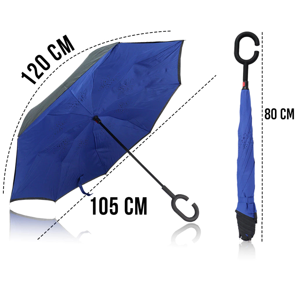 Medidas do guarda chuva invertido Nimbus: 120 cm de arco, 105 cm de diâmetro e 80 cm fechado