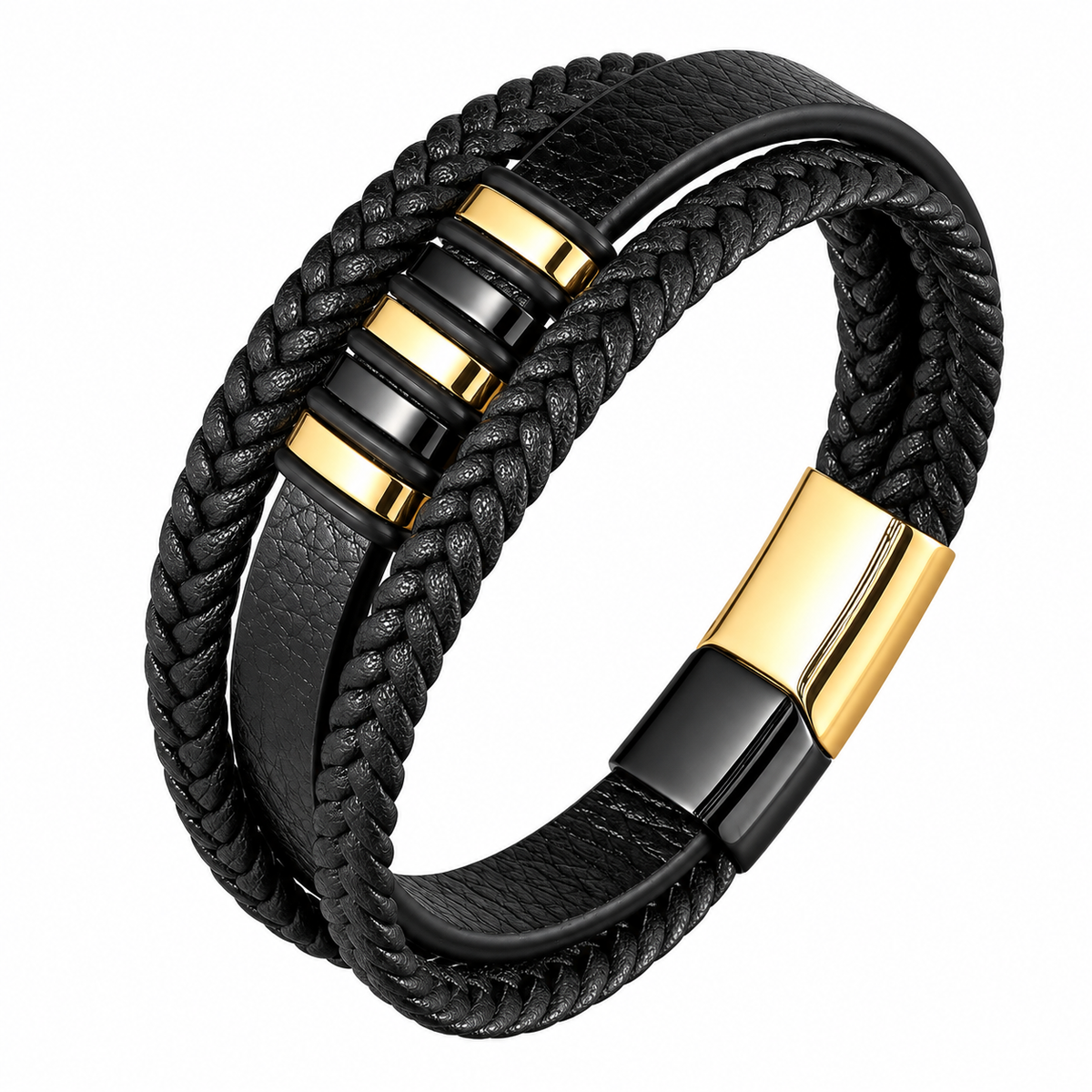 Pulseira masculina de couro trançado preto com peças e fecho dourados em aço inox