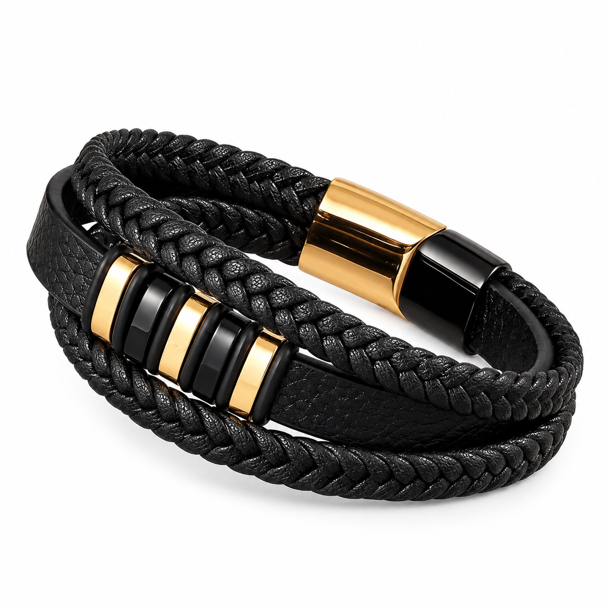 Pulseira masculina de couro preta com detalhes dourados vista de lado, mostrando as três tiras