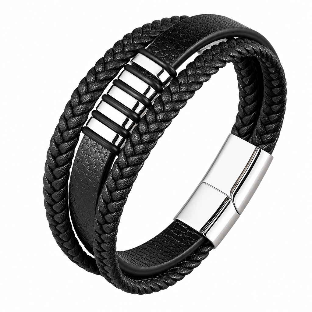 Pulseira masculina de couro trançado preto com peças e fecho prateados em aço inox