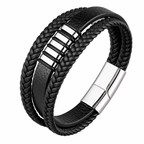 Pulseira masculina de couro trançado preto com peças e fecho prateados em aço inox
