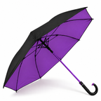 Guarda chuva grande de cabo curvo, preto por fora e roxo por dentro