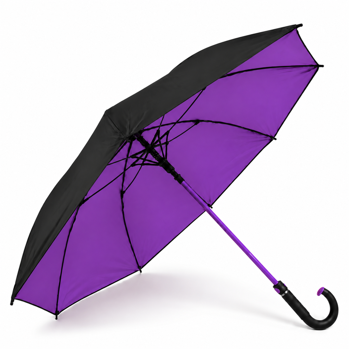 Guarda chuva grande de cabo curvo, preto por fora e roxo por dentro