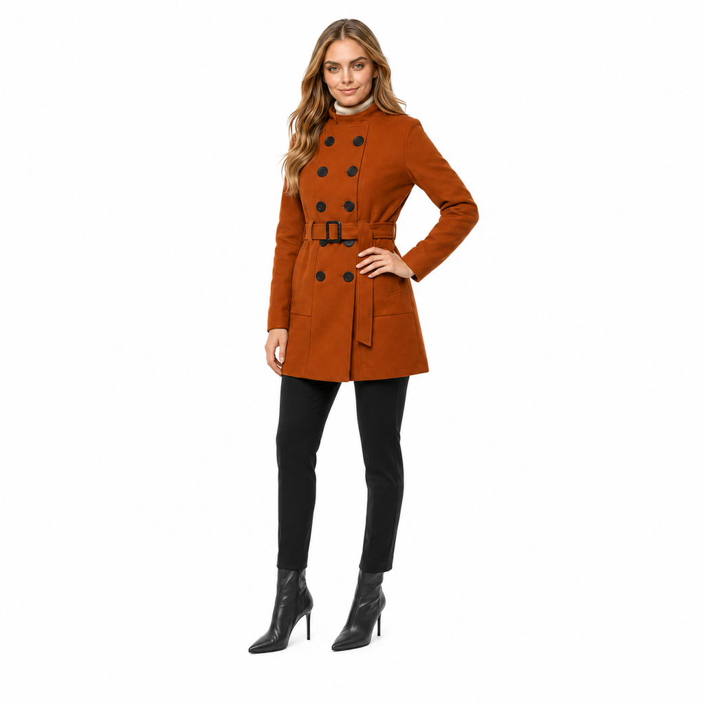 Casaco de lã batida caramelo feminino caminhando, caimento midi