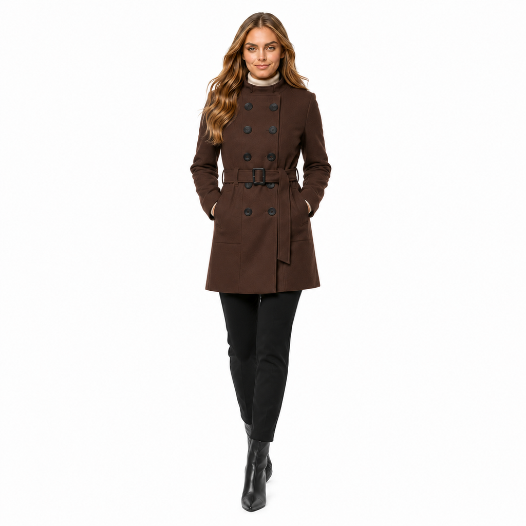 Casaco de lã batida marrom feminino caminhando, caimento midi