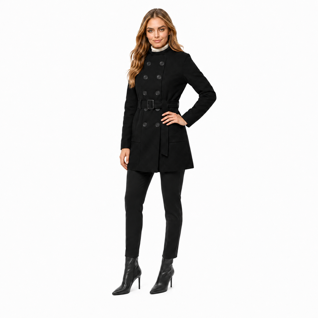 Casaco de lã batida preto feminino caminhando, caimento midi