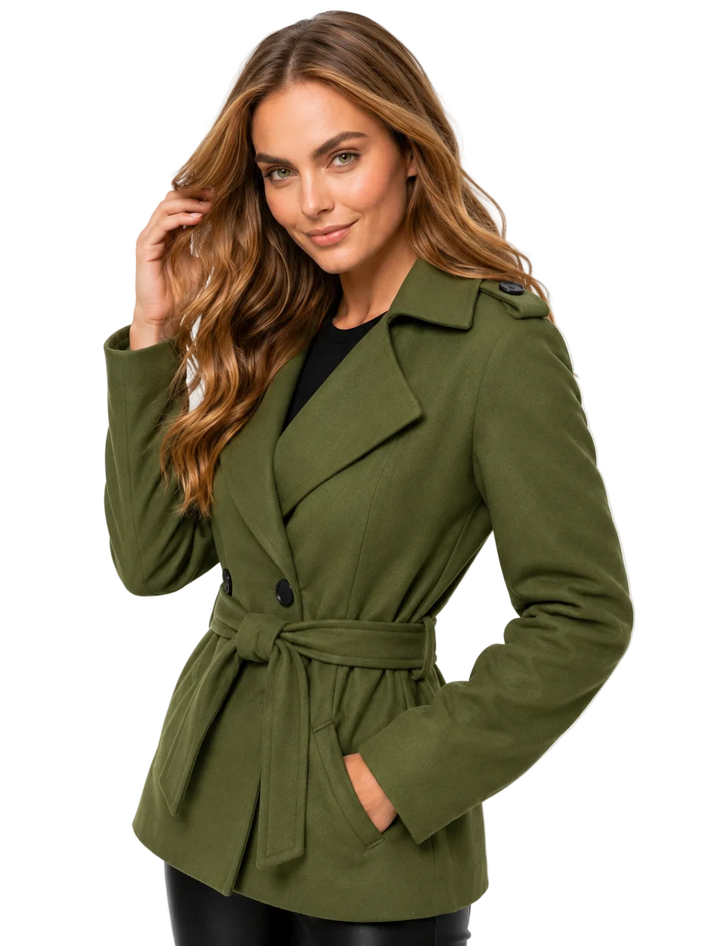 Sobretudo feminino de lã batida verde com cinto, frente em três-quartos