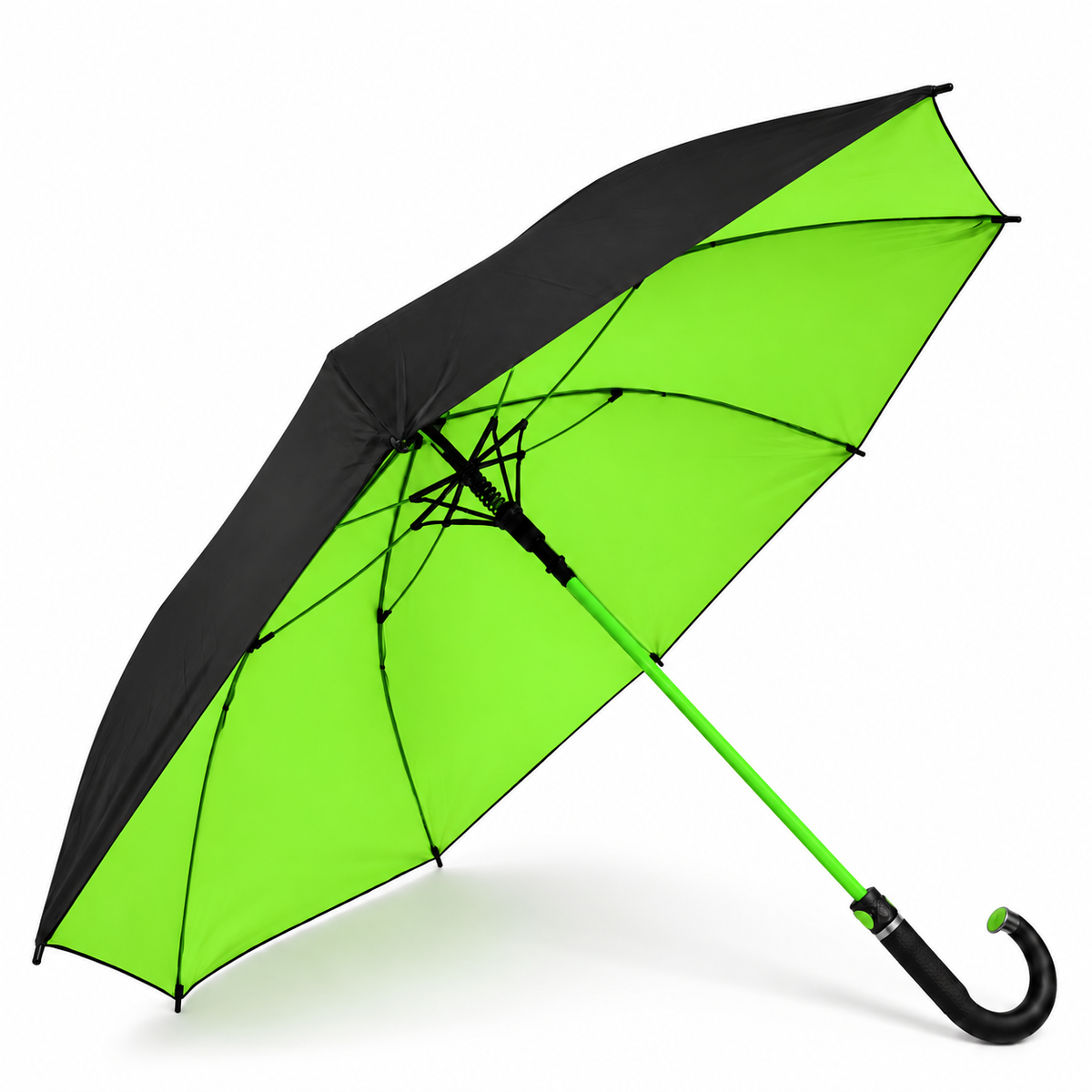 Guarda chuva grande de cabo curvo, preto por fora e verde limão por dentro