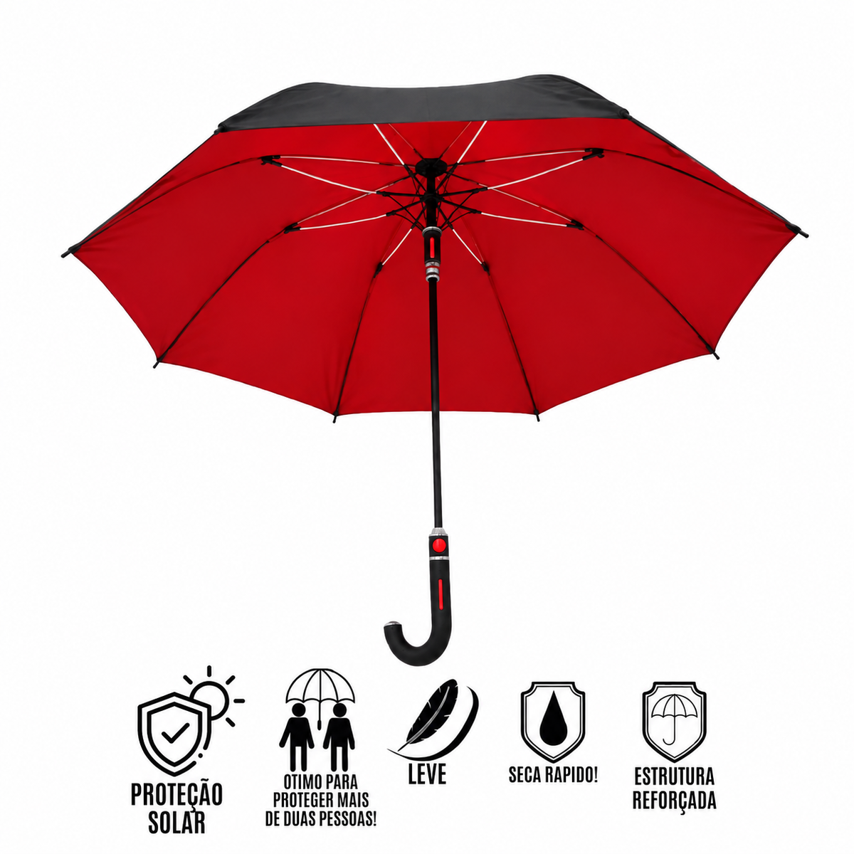Guarda chuva grande de cabo curvo vermelho por dentro com ícones de benefícios