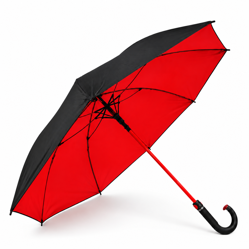 Guarda chuva grande de cabo curvo, preto por fora e vermelho por dentro