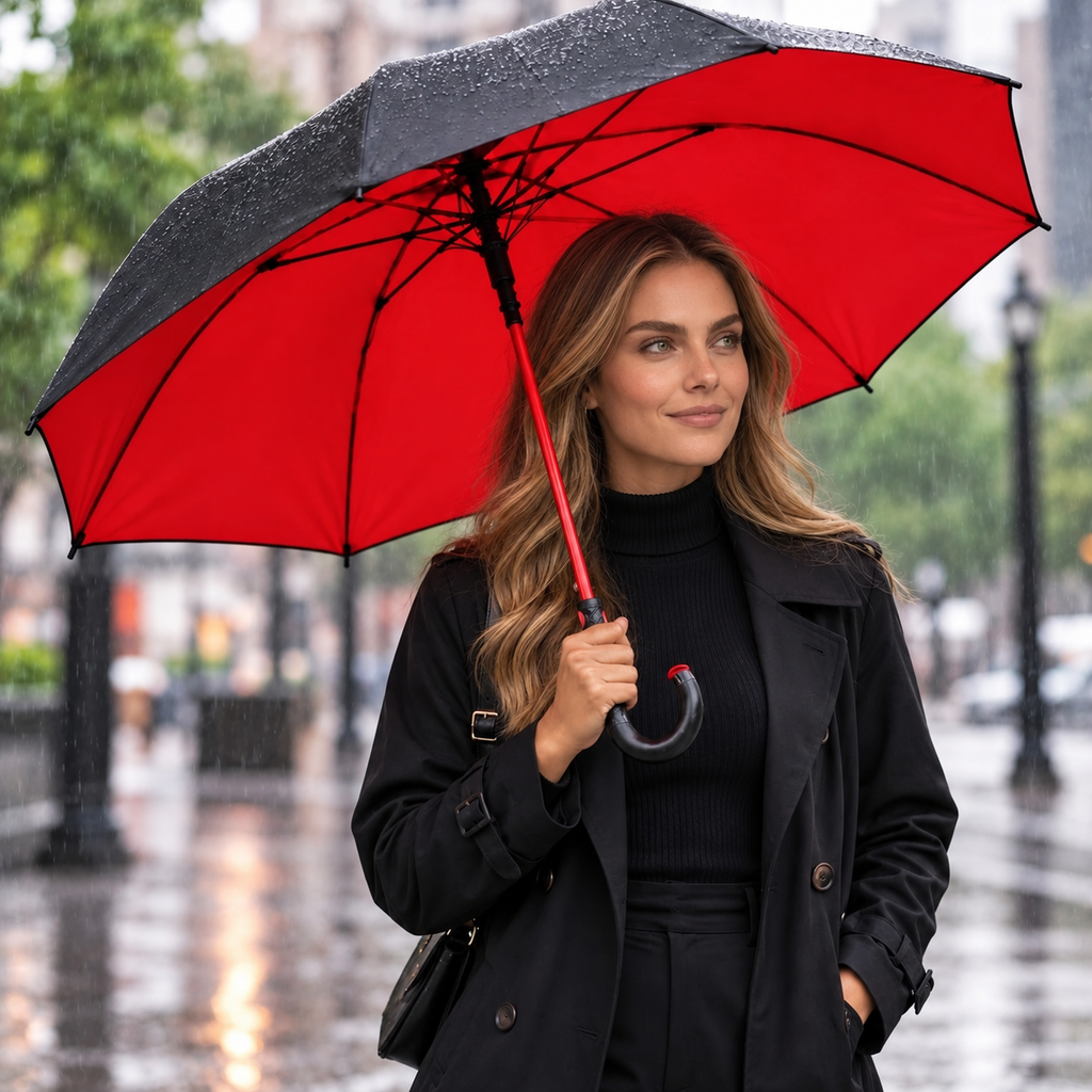 Mulher na chuva com guarda chuva grande de cabo curvo vermelho por dentro