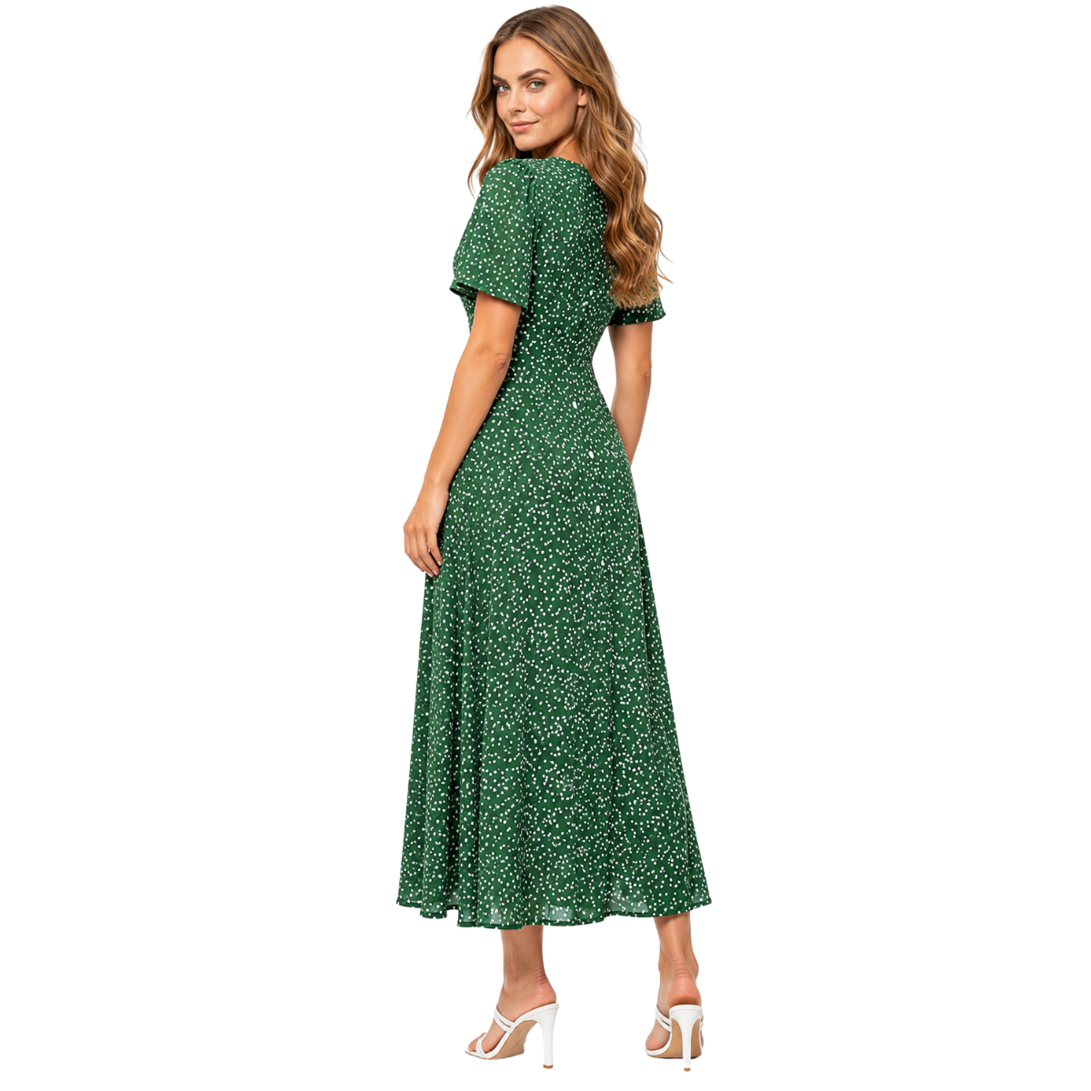 Vestido Feminino Midi Estampado Floral com Botões Manga Curta