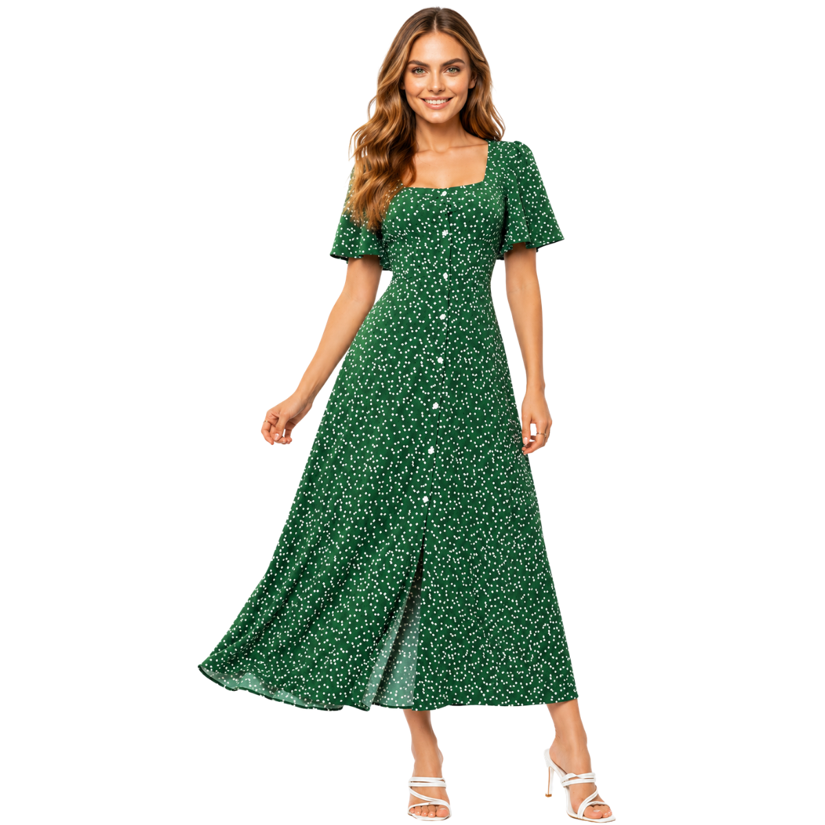 Vestido Feminino Midi Estampado Floral com Botões Manga Curta