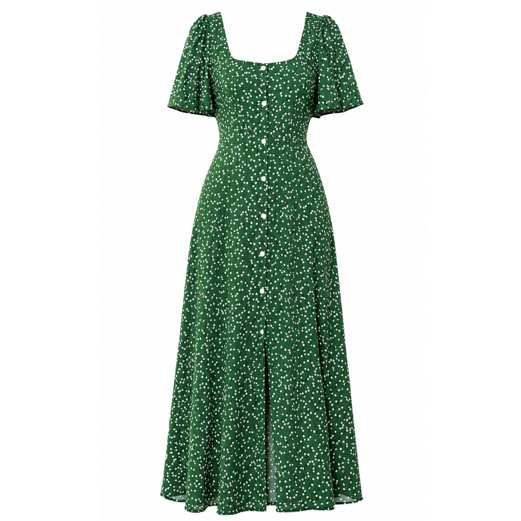 Vestido Feminino Midi Estampado Floral com Botões Manga Curta