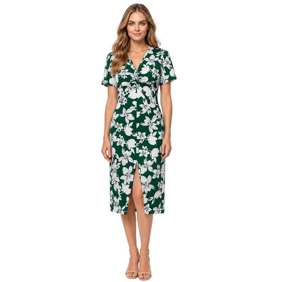 Vestido Feminino Midi Floral Gola V Manga Curta Verde