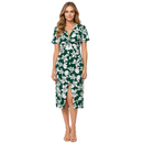 Vestido Feminino Midi Floral Gola V Manga Curta Verde