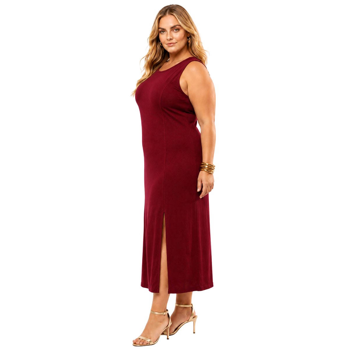 Vestido Midi Plus Size Regata Com Fenda Viscolycra Vinho