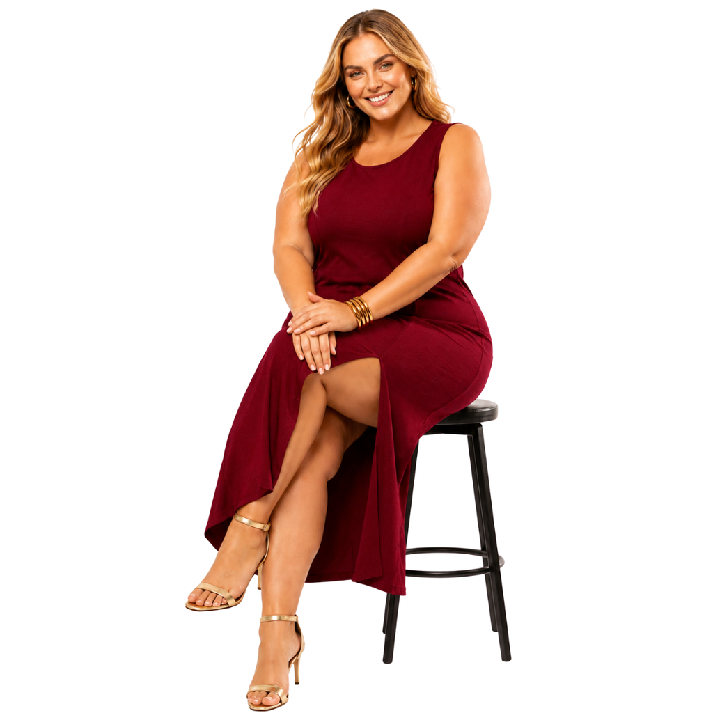 Vestido Midi Plus Size Regata Com Fenda Viscolycra Vinho