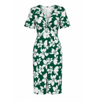 Vestido Feminino Midi Floral Gola V Manga Curta Verde