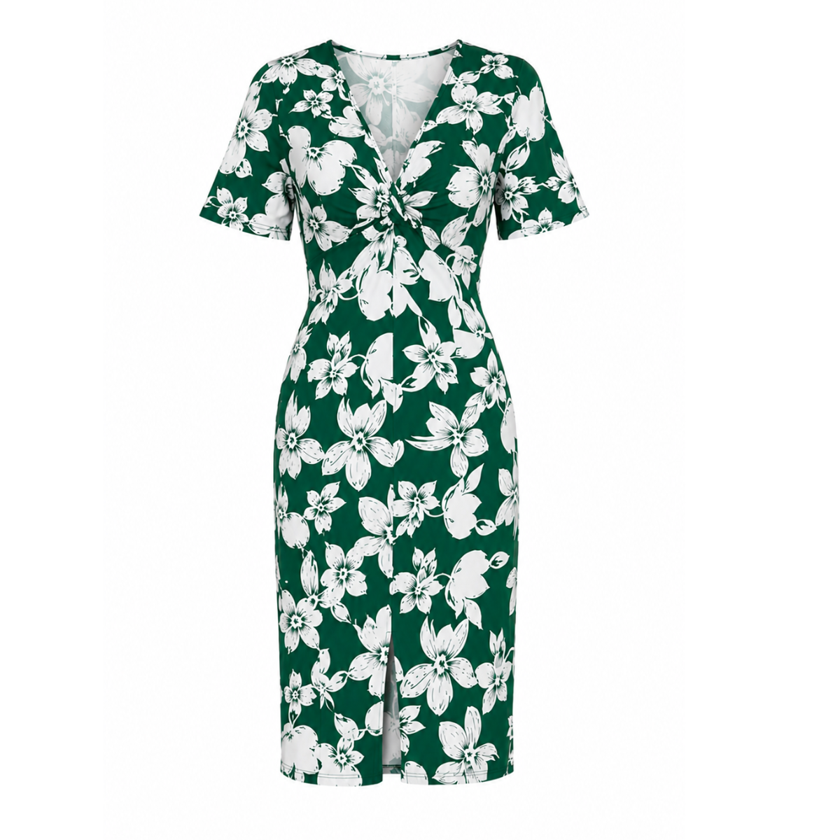 Vestido Feminino Midi Floral Gola V Manga Curta Verde