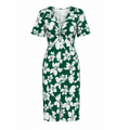 Vestido Feminino Midi Floral Gola V Manga Curta Verde