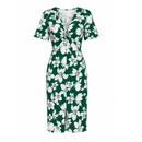 Vestido Feminino Midi Floral Gola V Manga Curta Verde