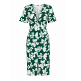 Vestido Feminino Midi Floral Gola V Manga Curta Verde